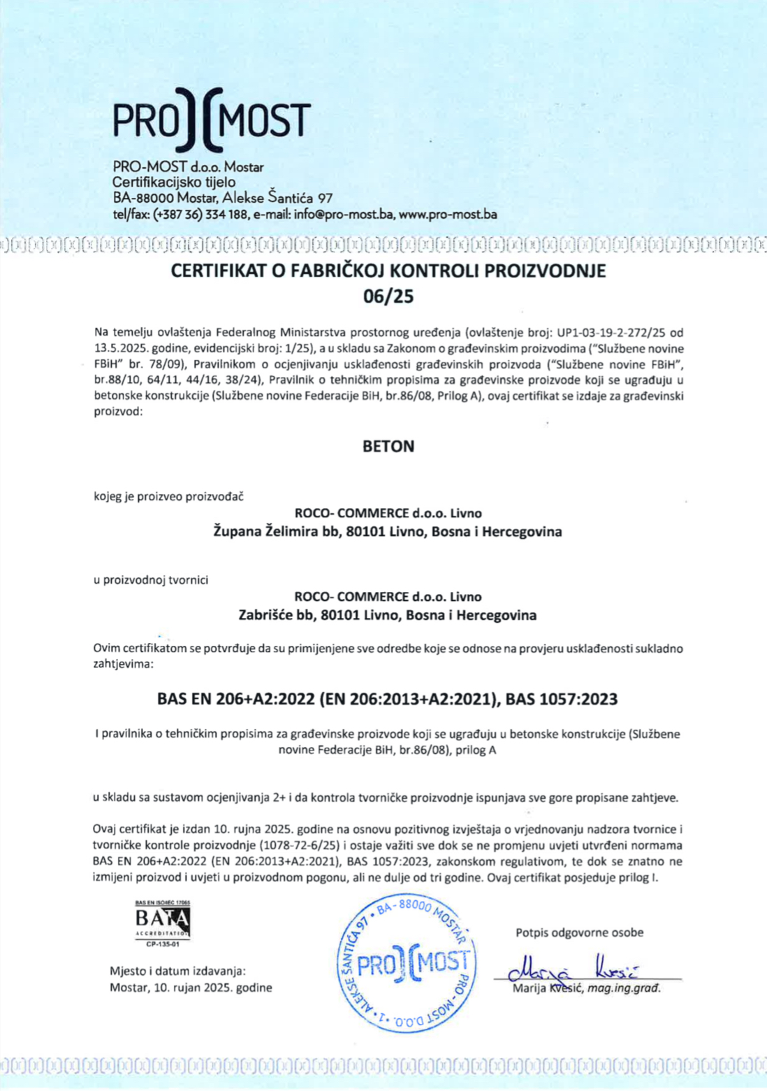Certifikat beton 1